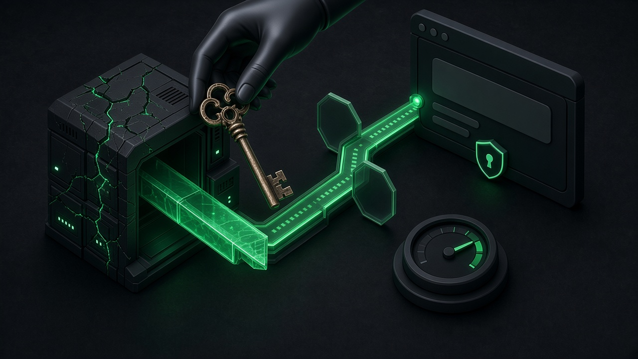 Isometric illustration of a gloved hand pulling an old key away from a cracked server block, with an emerald path leading to a shielded browser window and a small usage gauge on dark slate.