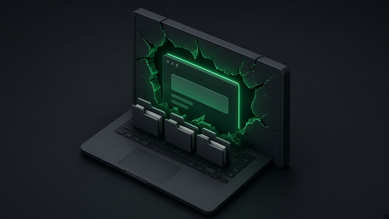 Isometric illustration of a dark laptop whose screen is cracked open around a glowing emerald browser window, with file folders standing on the keyboard, on a dark slate background.