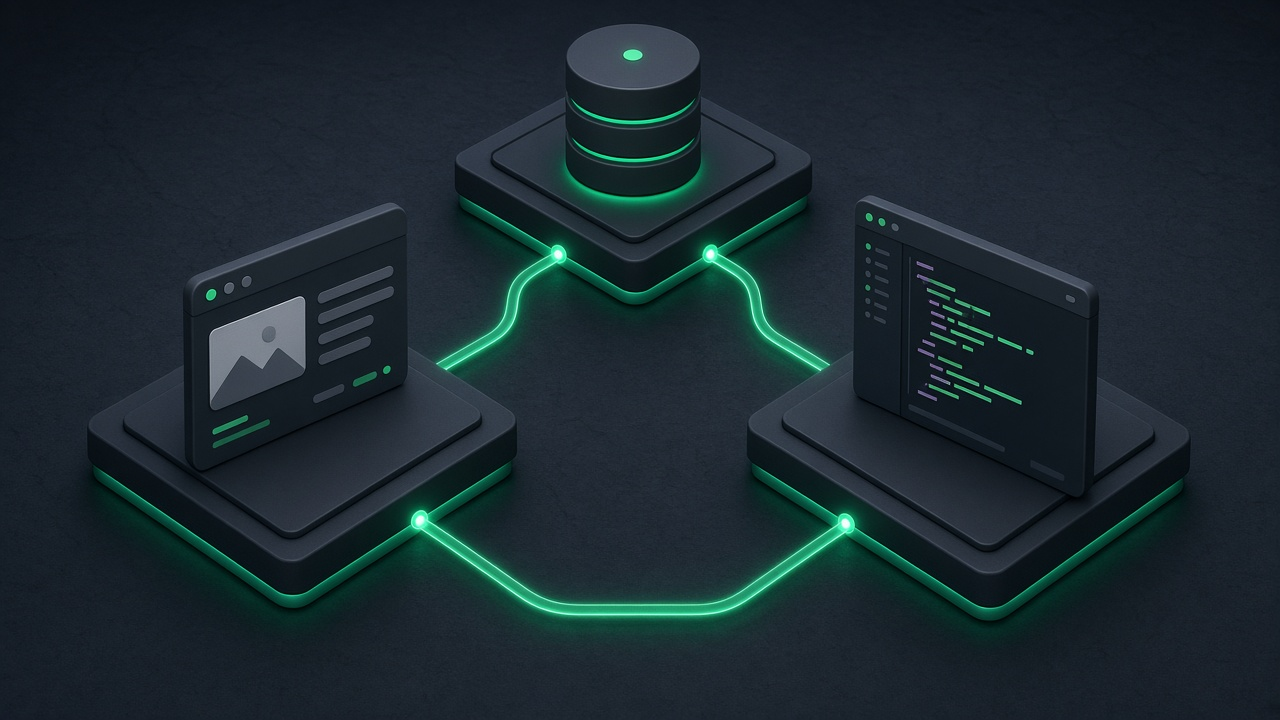 Isometric illustration of three glowing platforms holding an app window, a code editor and a database cylinder, connected by emerald light paths.