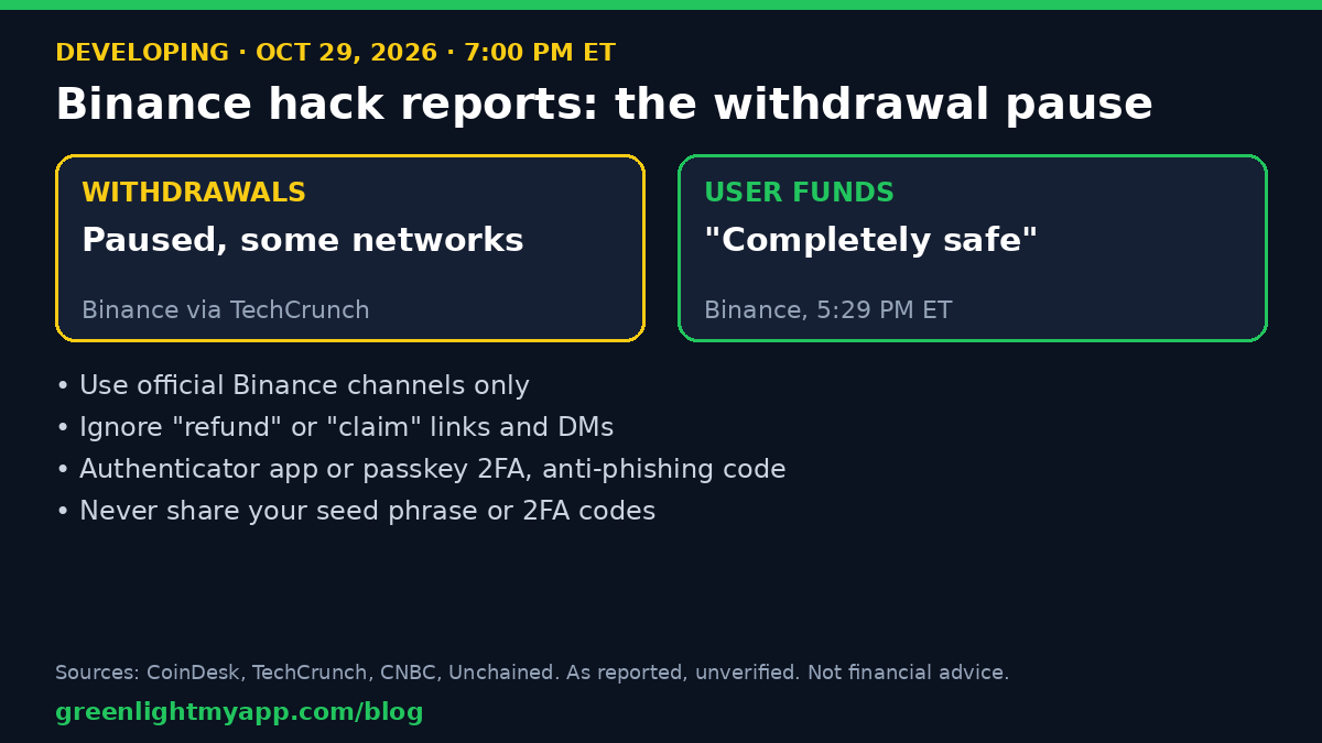 Greenlight news card: Binance withdrawals reported suspended on multiple networks on Oct 29, 2026, with safety steps for users.