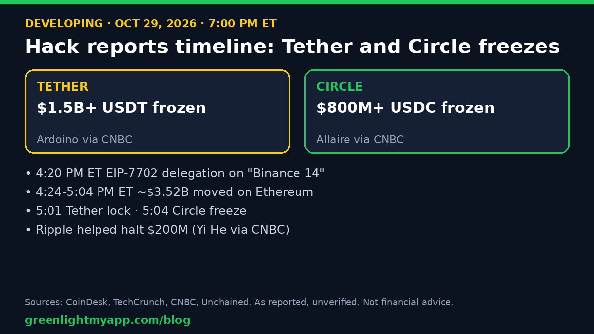 Greenlight news card: timeline of the reported Binance hot wallet outflows and Tether and Circle freezes on Oct 29, 2026.