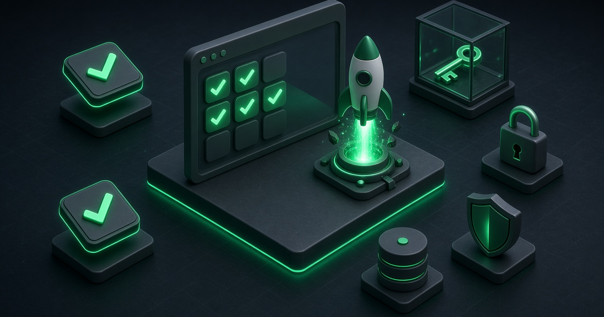 Isometric illustration of an app window with green checkmarks next to a rocket on a launch pad, surrounded by a padlock, a shield, a database and a key locked in a glass box.