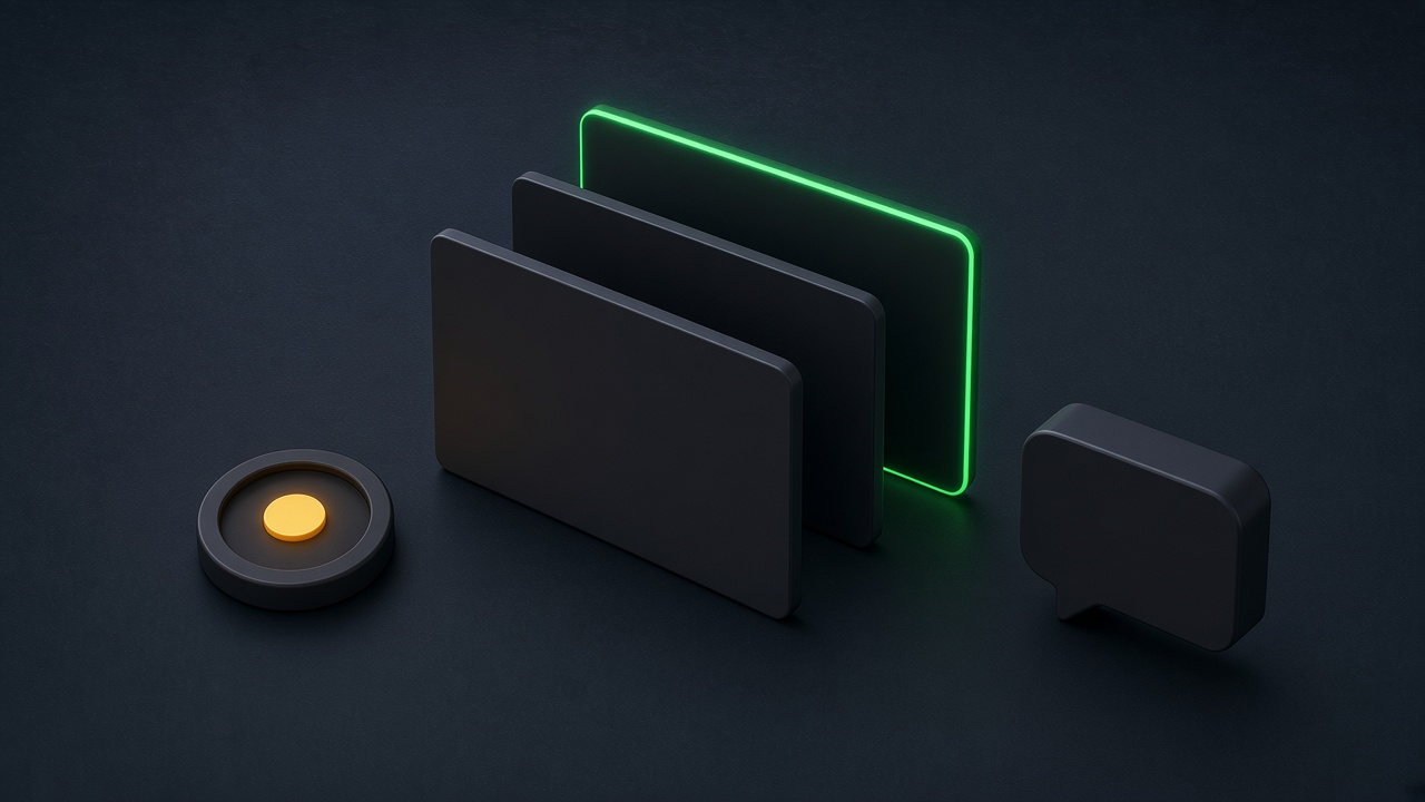 Isometric illustration of four rising glowing blocks and a stack of emerald discs on a dark slate platform.