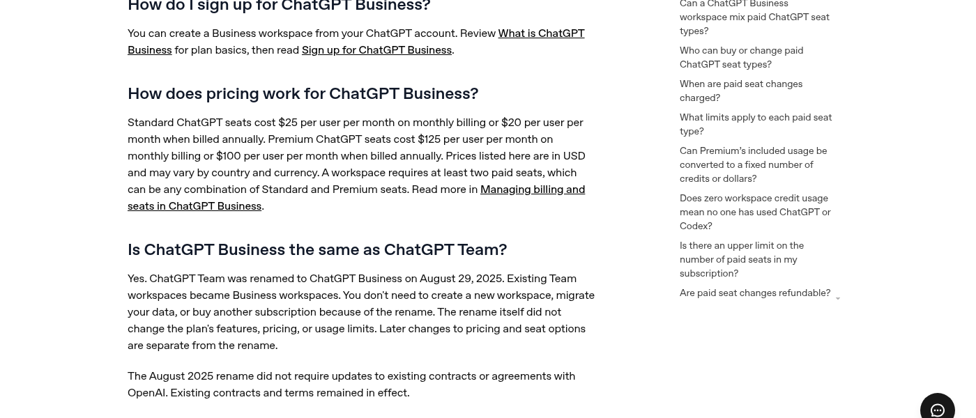 OpenAI Help Center on Oct 31, 2026: Standard ChatGPT seats cost $25 per user per month on monthly billing or $20 billed annually; Premium seats $125 or $100; a workspace needs at least two paid seats.