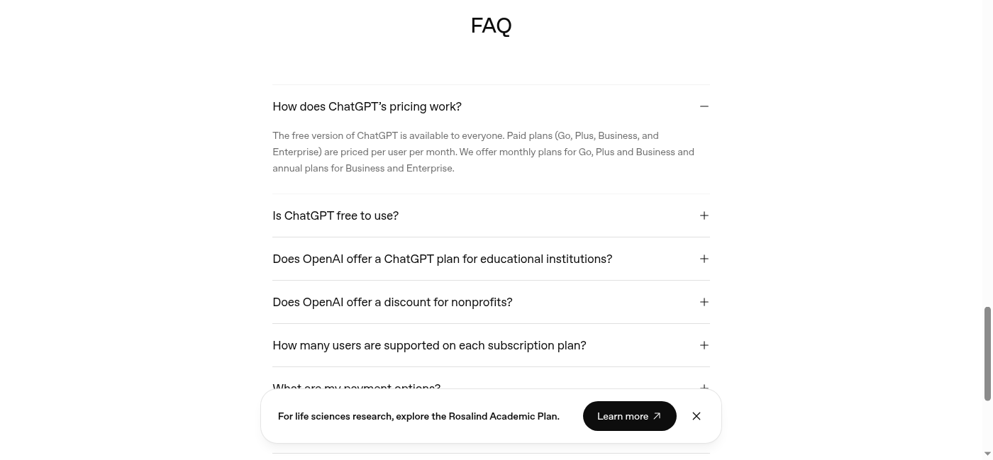 The FAQ on chatgpt.com/pricing on Oct 31, 2026, explaining that the free version is available to everyone and paid plans are priced per user per month.