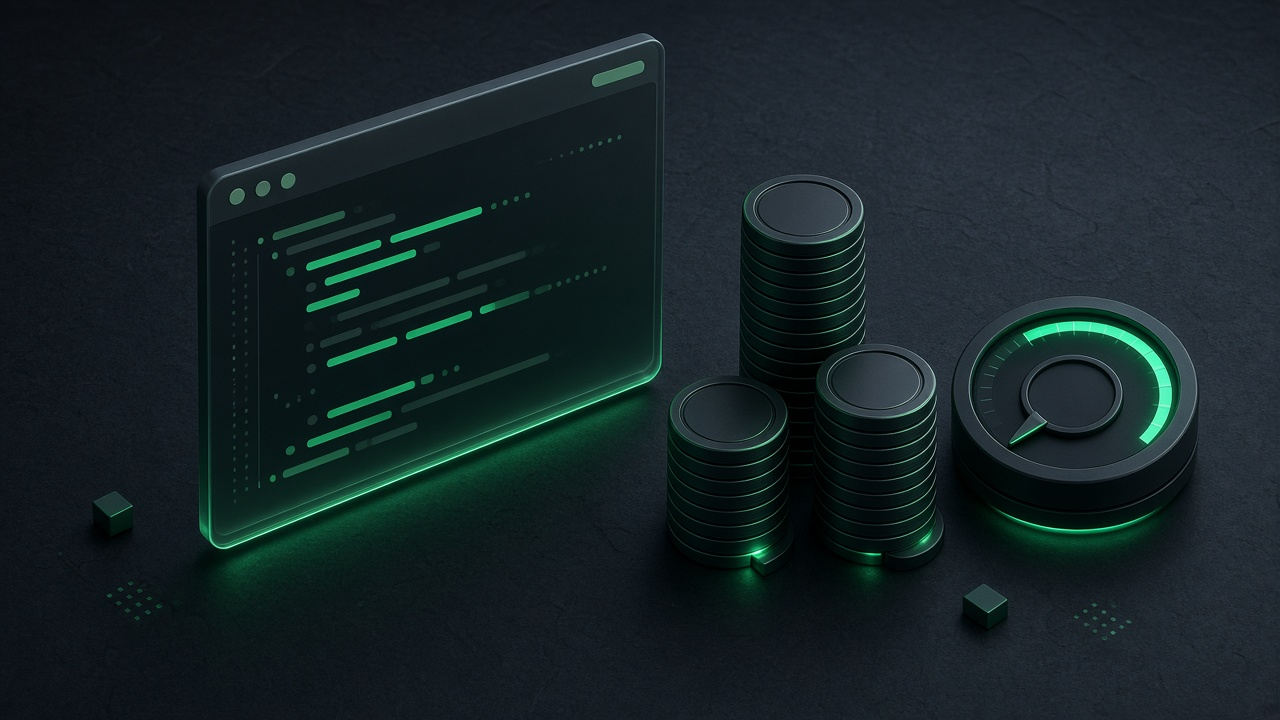Isometric illustration of a glowing terminal window beside stacked coins and a gauge, showing coding-agent usage turning into cost.