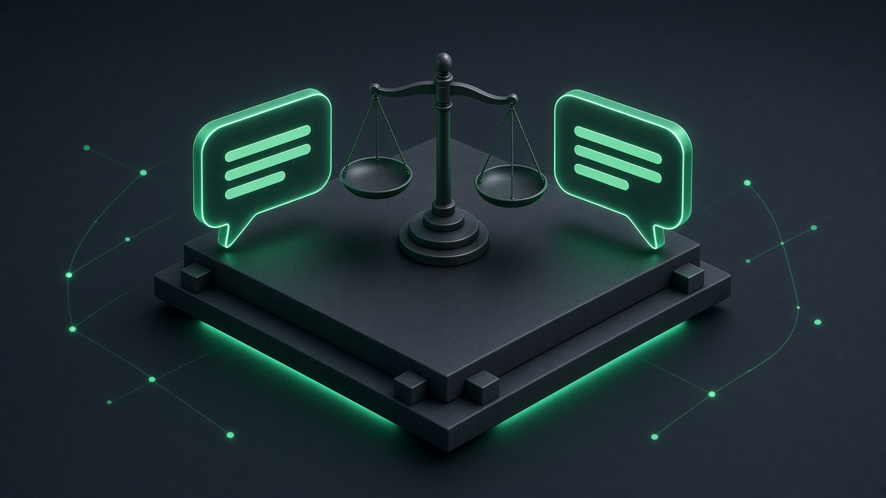 Isometric illustration of two glowing chat windows side by side on a dark platform, with a balance scale between them.