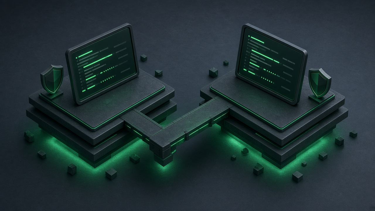 Isometric illustration of two glowing terminal windows on separate platforms joined by a bridge, each with a small shield beside it.