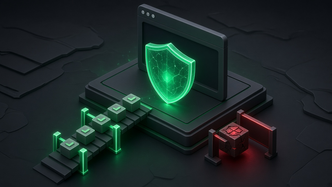 Isometric illustration of a browser window guarded by a glowing emerald shield, letting approved blocks through and stopping a dark unknown block, on dark slate.