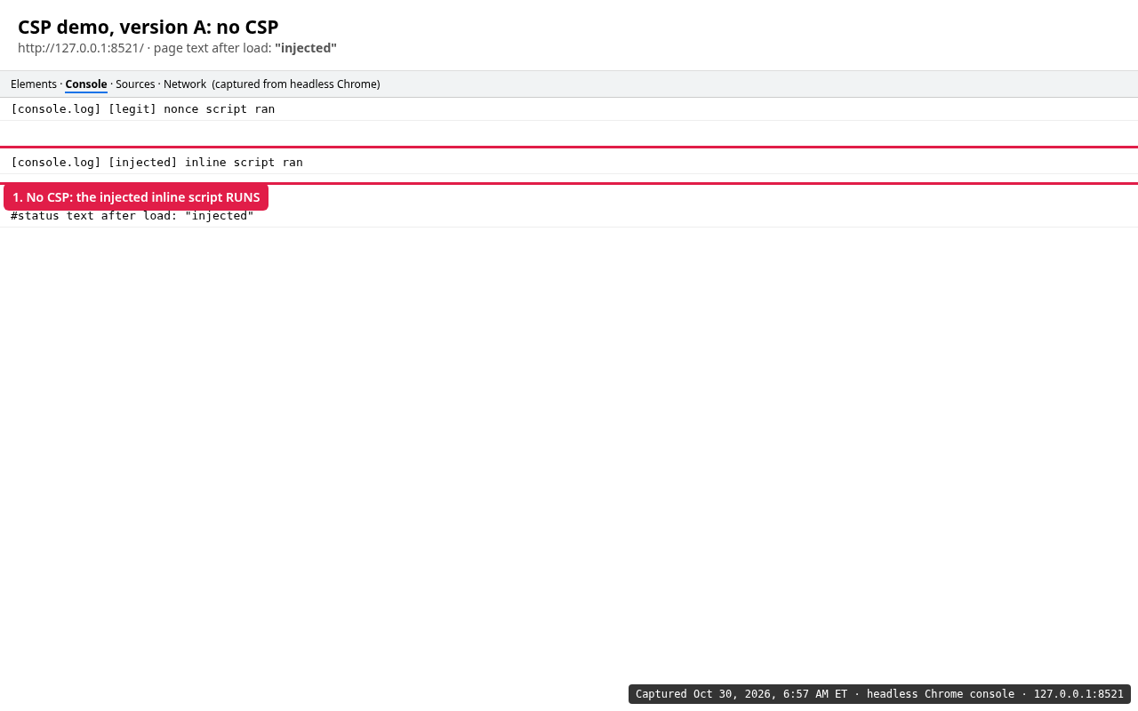 Chrome console on the demo page with no CSP: the injected inline script ran and set the page text to injected.