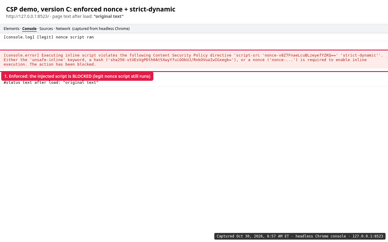 Chrome console showing the enforced CSP blocking the injected inline script while the nonce script ran.