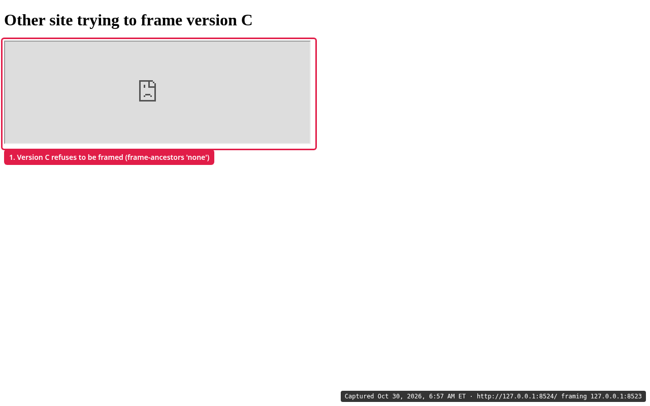 Chrome console showing an iframe refused because the page sends frame-ancestors 'none'.
