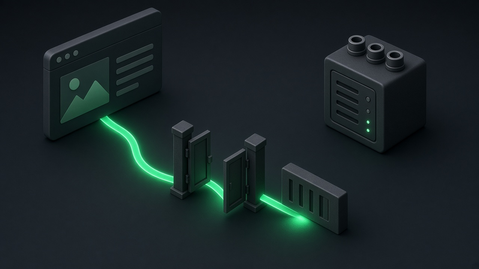 Isometric illustration of a browser window and an API server joined by glowing paths, one allowed through a gate and one stopped at a barrier, in emerald light on dark slate.