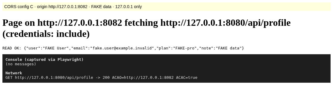 Headless Chrome page on the unknown site 127.0.0.1:8082 fetching /api/profile with credentials: READ OK with the fake user's profile JSON, no console errors, and a 200 response whose Access-Control-Allow-Origin echoed 127.0.0.1:8082 with credentials true