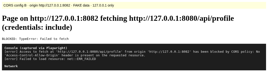 Headless Chrome console on the unknown site 127.0.0.1:8082 for setup B: access to fetch has been blocked by CORS policy, no Access-Control-Allow-Origin header is present on the requested resource