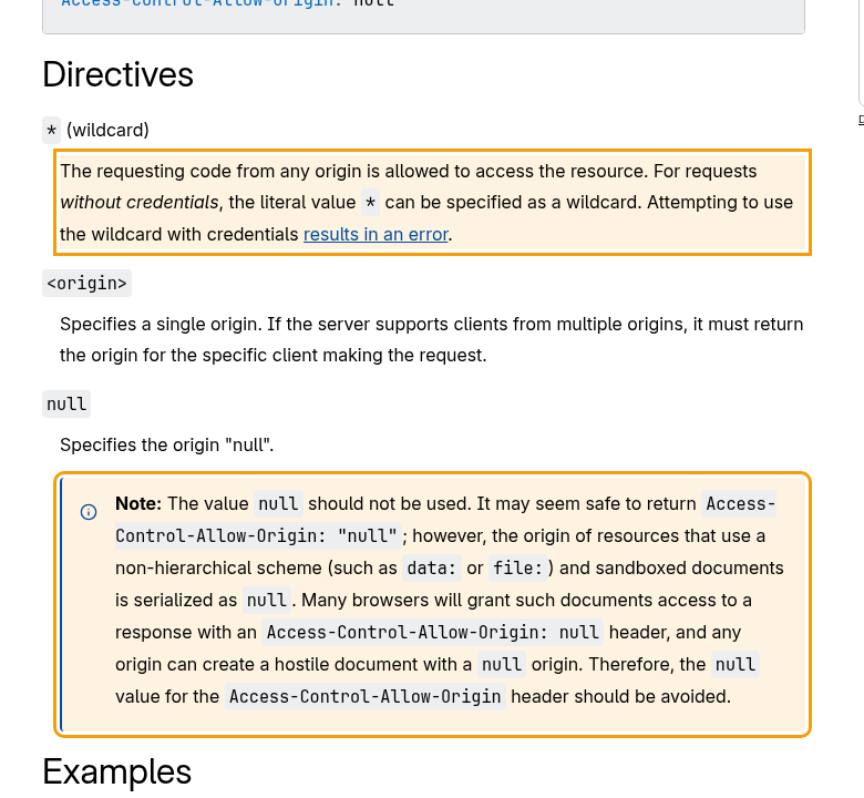 MDN's Access-Control-Allow-Origin reference with highlighted notes: the wildcard can only be used for requests without credentials, and null should not be used because any site can create a hostile document with a null origin