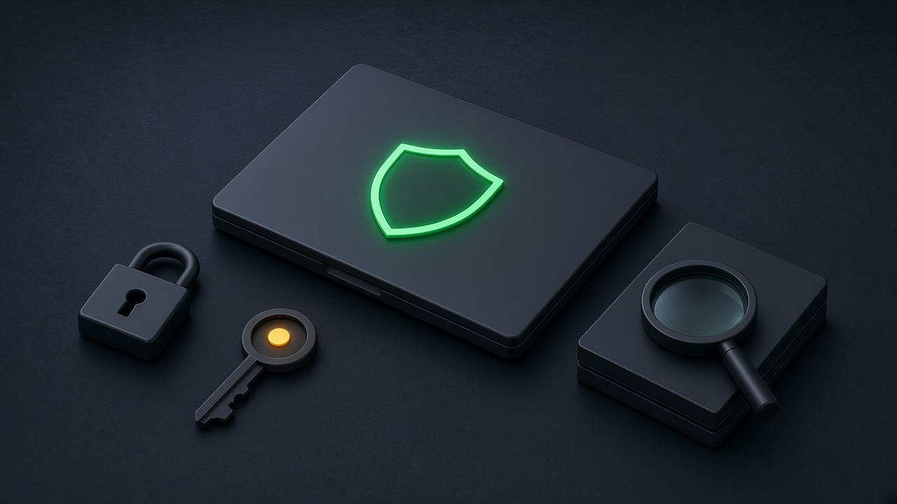 Isometric illustration of a dark laptop with a glowing emerald shield, beside a padlock, a key with an amber warning light and a magnifying glass over stacked files.