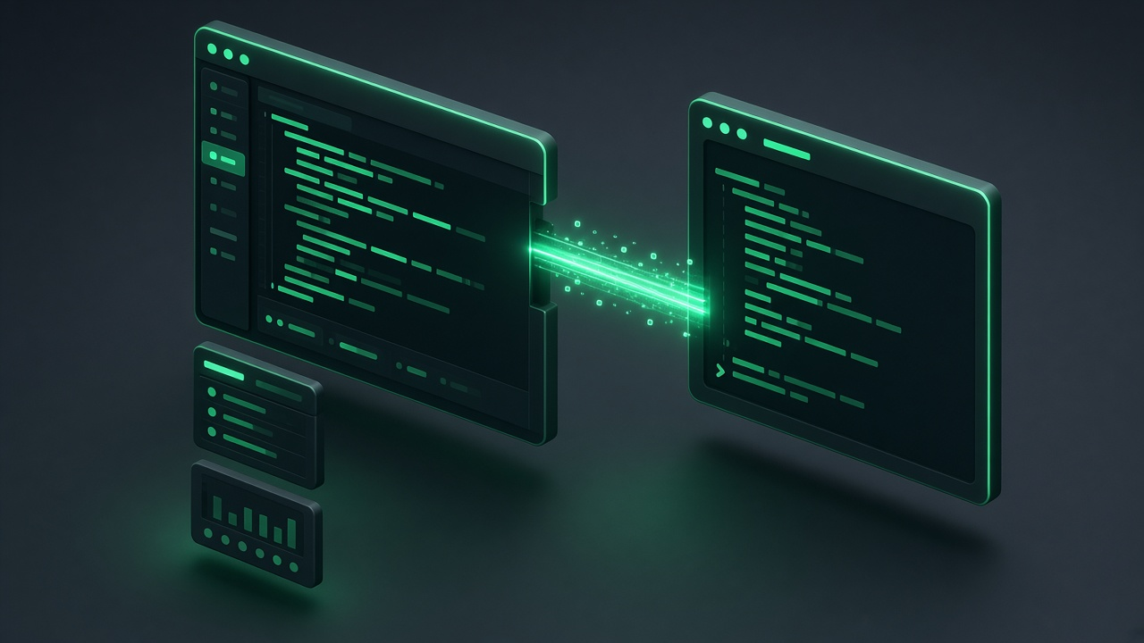 Isometric illustration of a glowing code editor window on one side and a terminal window on the other, linked by a beam of emerald light.