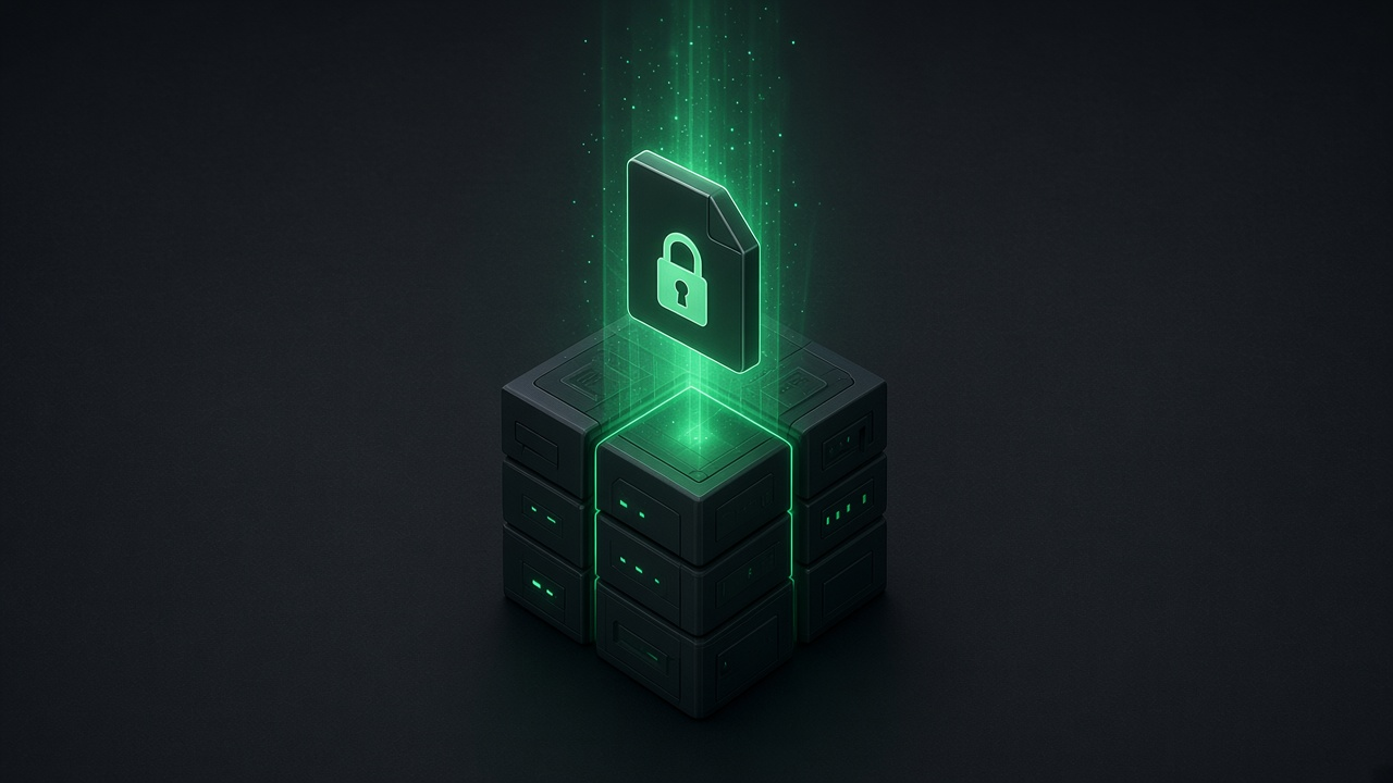 Isometric illustration of a stack of dark blocks with an emerald beam lifting a locked file out of the top, on a dark slate background.