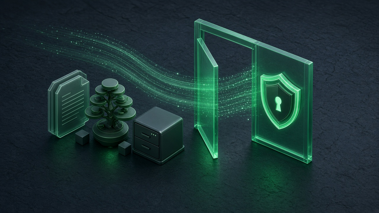 Isometric illustration of a glowing gate standing between a browser window and three data stores, with emerald light on a dark slate background.