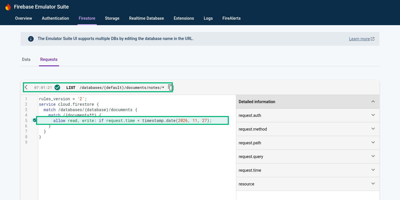 Firebase Emulator UI Requests tab showing a LIST request on the notes collection allowed with a green check, and the test-mode rule line highlighted