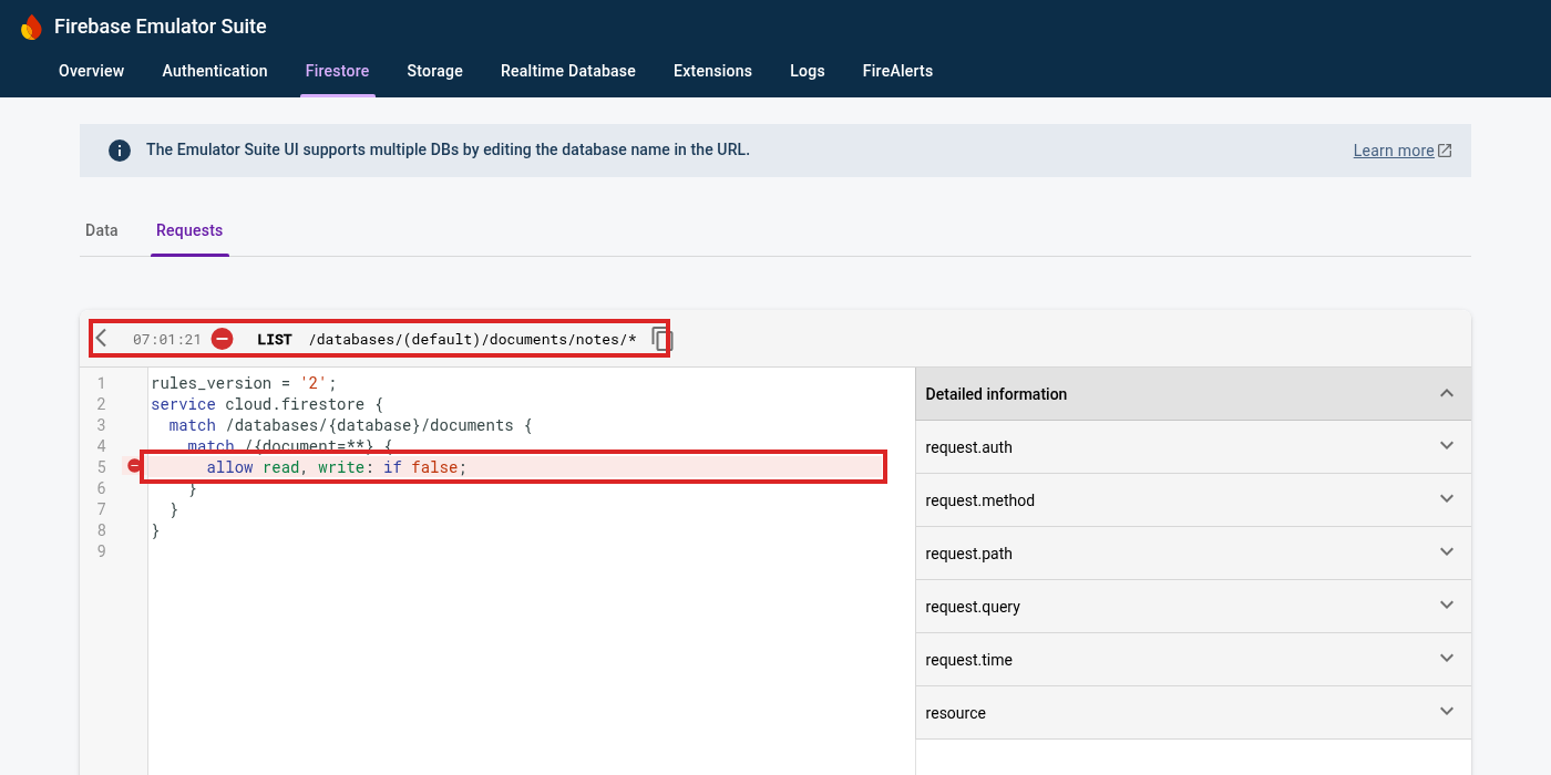Firebase Emulator UI Requests tab showing the same LIST request denied with a red icon, and the if false rule line highlighted