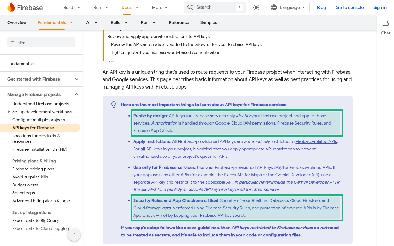 Firebase's API keys docs page with two highlighted points: API keys for Firebase services only identify your project, and data security is enforced by Security Rules and App Check, not by keeping the key secret
