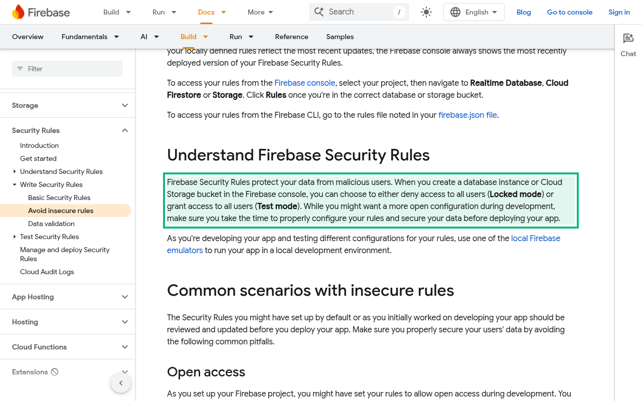 Firebase's Avoid insecure rules docs page with the paragraph highlighted that says you can choose Locked mode to deny all users or Test mode to grant access to all users