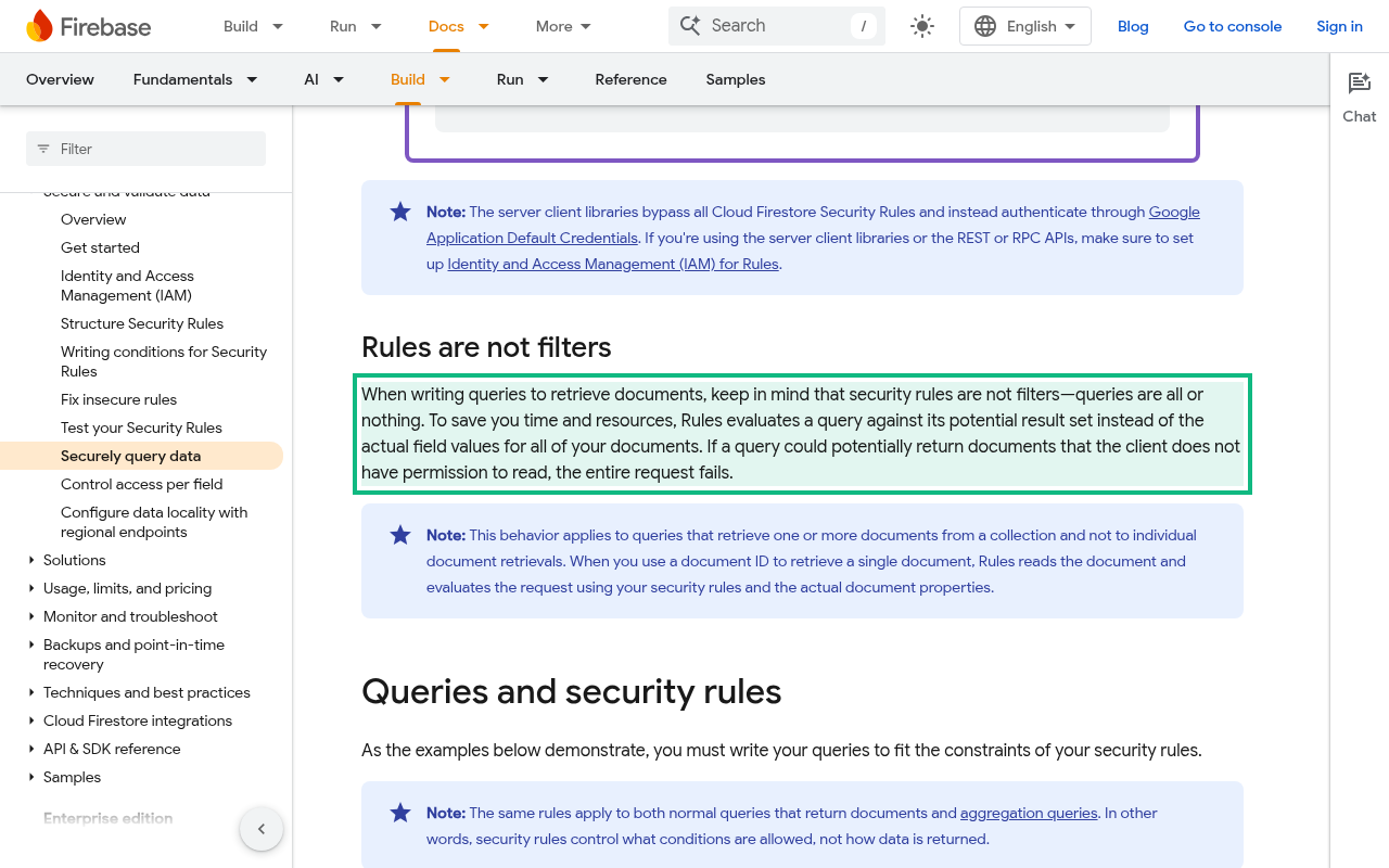 Firebase's Securely query data docs page with the Rules are not filters paragraph highlighted, saying that if a query could return documents the client can't read, the entire request fails