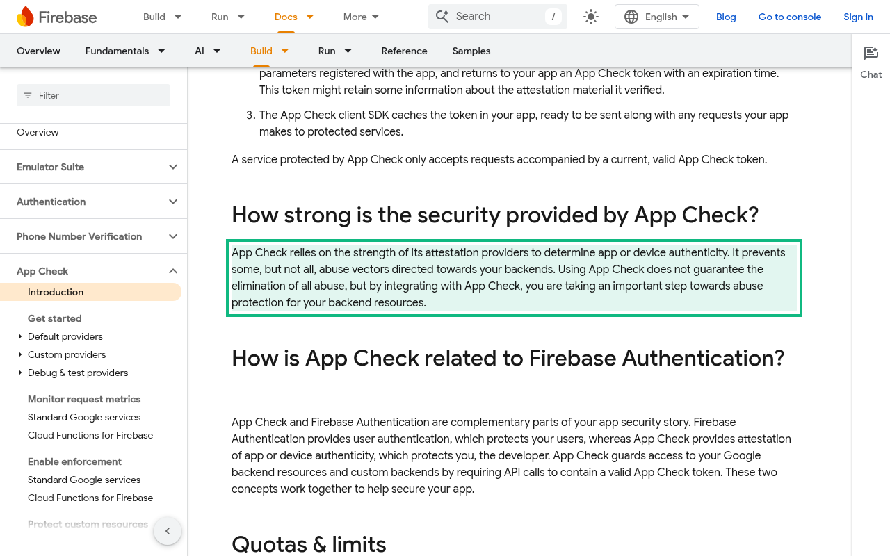 Firebase's App Check docs page with the paragraph highlighted that says App Check prevents some, but not all, abuse vectors and does not guarantee the elimination of all abuse