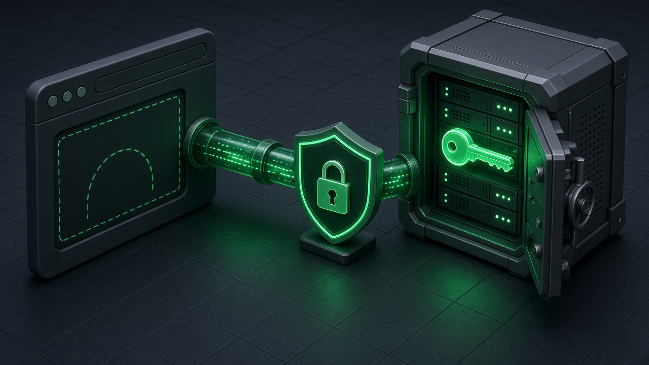 Isometric illustration of a glowing emerald key on a dark slate platform, held inside a small server vault and kept away from a browser window.