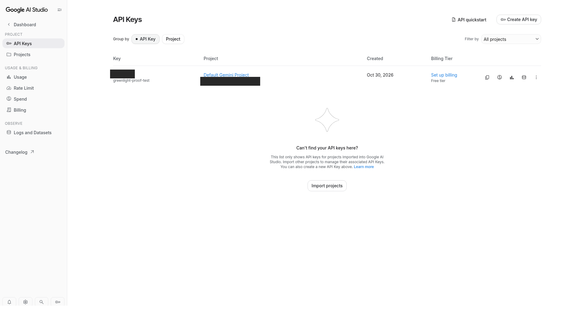 Google AI Studio API keys page on Oct 30, 2026 showing one test key, masked, in the default Gemini project on the free tier.