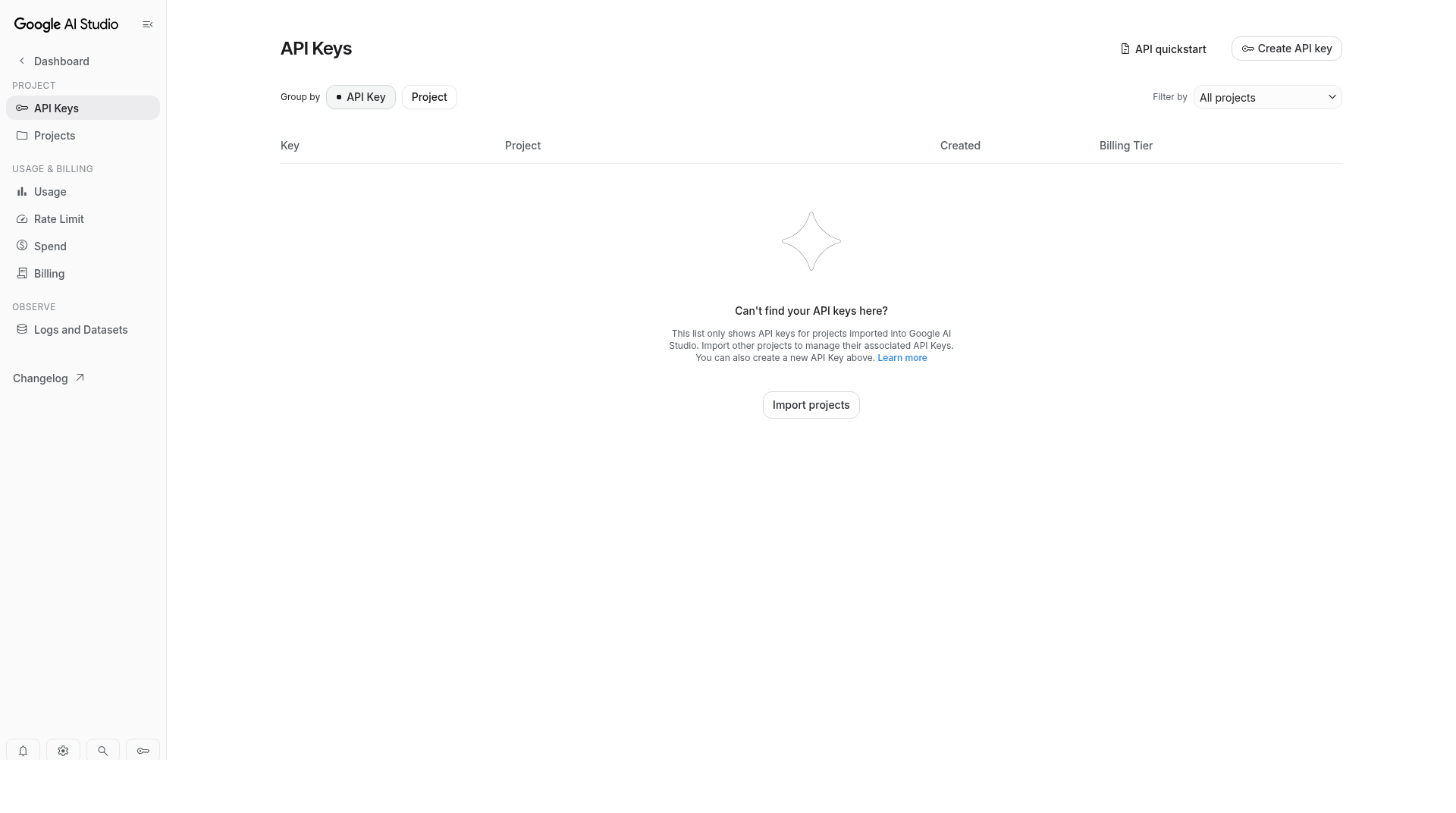 Google AI Studio API keys page after deleting the test key: no keys listed.