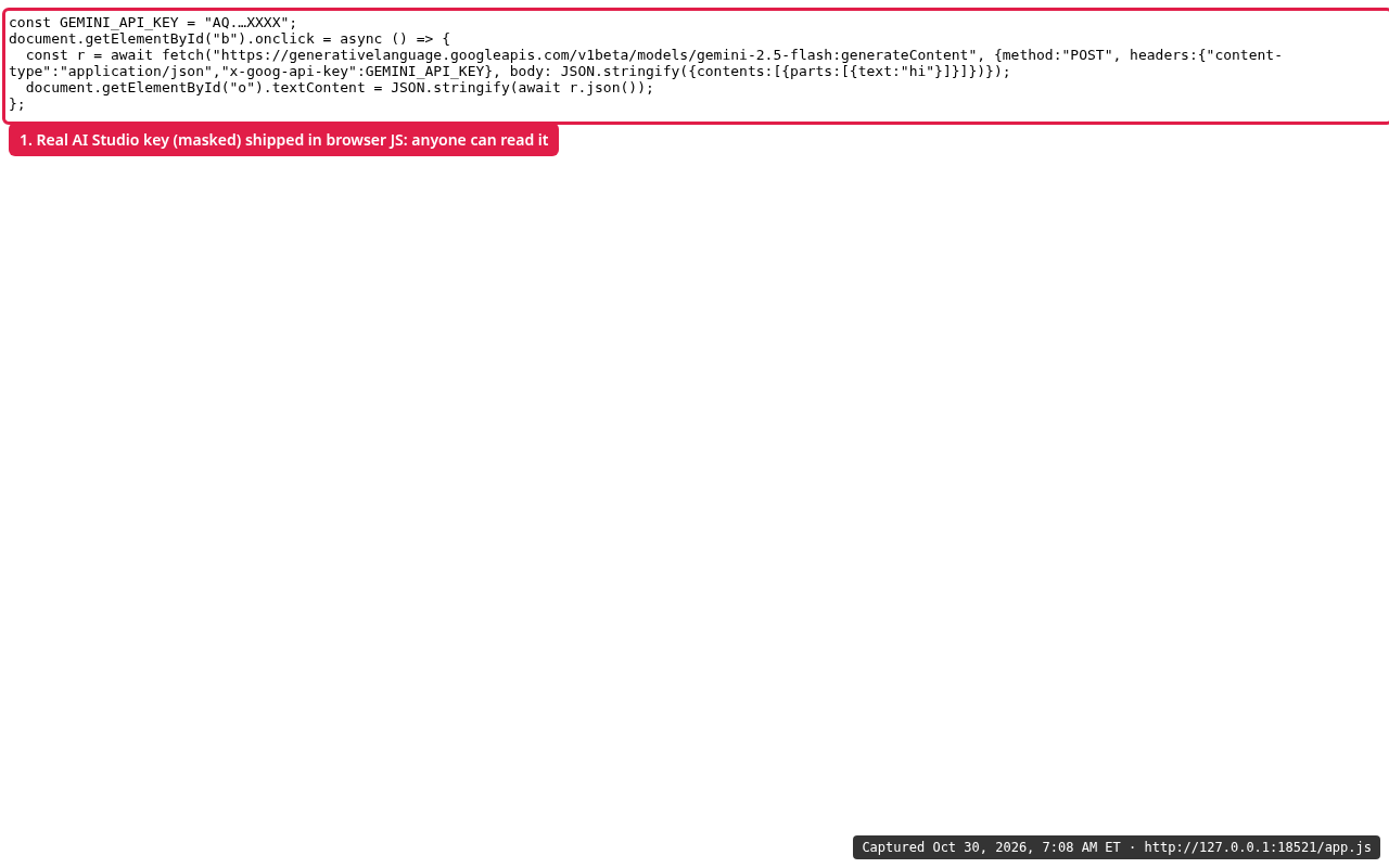 Demo app's public app.js on Oct 30, 2026 containing a Gemini API key, masked as AQ.…XXXX, sent from the browser in an x-goog-api-key header.
