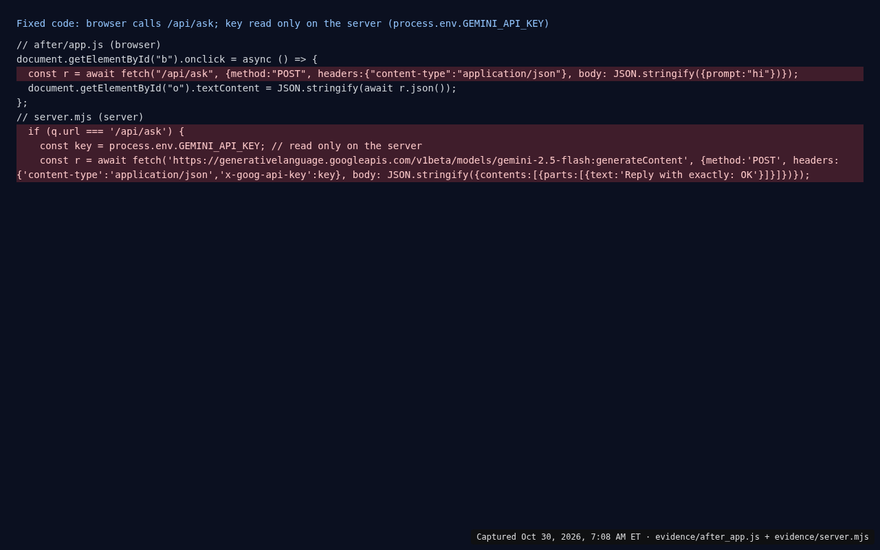 The fixed demo's server route on Oct 30, 2026 reading GEMINI_API_KEY from the environment and sending it in the x-goog-api-key header.