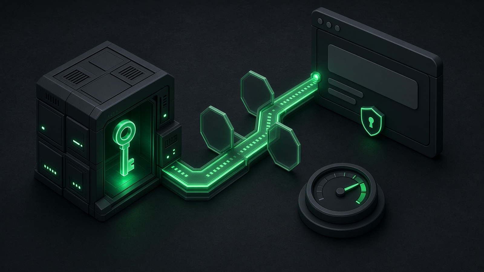 Isometric illustration of a glowing key locked inside a server block, with a sealed-off path to a browser window and a small spending gauge, in emerald light on a dark slate background.