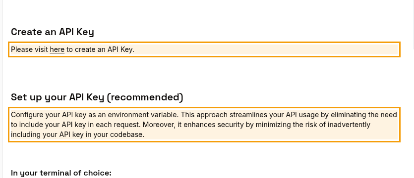 Groq's Quickstart docs with two highlighted sections: Create an API Key, which links to the console, and Set up your API Key, which recommends configuring the key as an environment variable to avoid putting it in your codebase