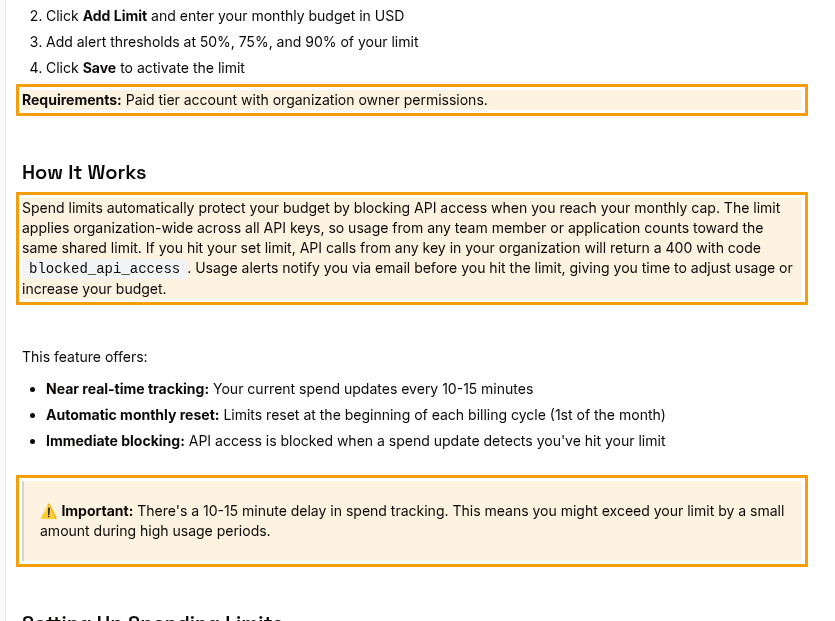 Groq's Spend Limits docs with three highlighted parts: requirements of a paid tier account with organization owner permissions, the limit applying organization-wide across all API keys with a 400 blocked_api_access error, and the warning about a 10 to 15 minute delay in spend tracking