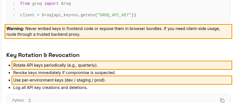 Groq's Security Onboarding docs with highlighted lines: never embed keys in frontend code or expose them in browser bundles, and if you need client-side usage route through a trusted backend proxy; rotate API keys periodically; use per-environment keys