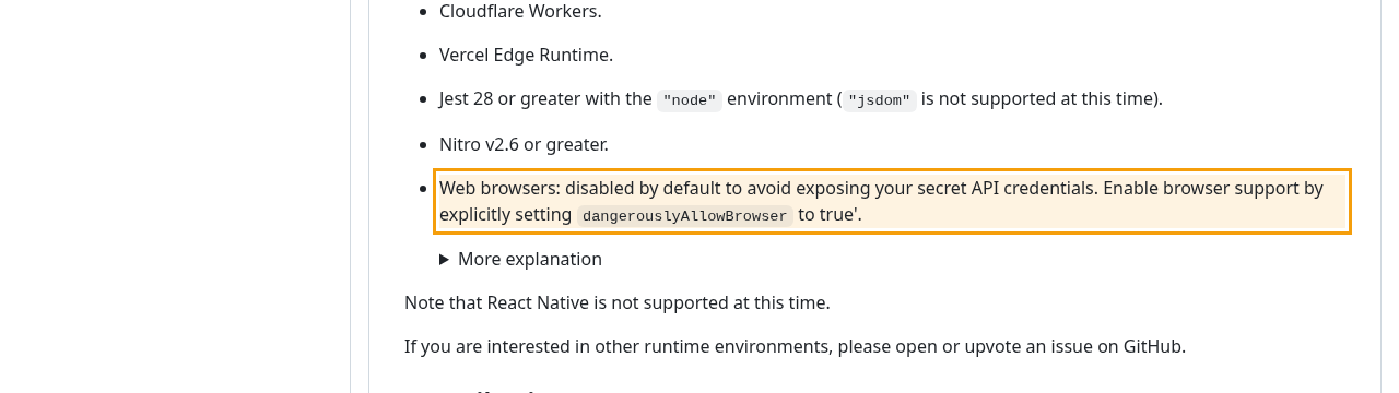 The groq-sdk README on GitHub with the highlighted line saying web browsers are disabled by default to avoid exposing your secret API credentials, and that browser support needs dangerouslyAllowBrowser set to true