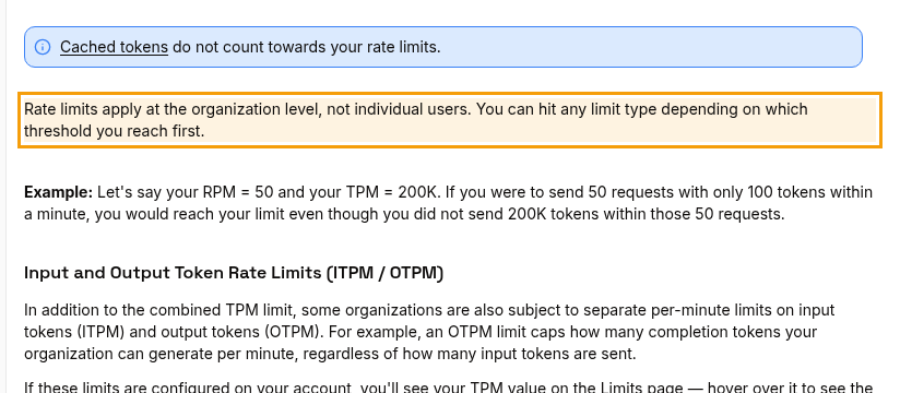 Groq's Rate Limits docs with the highlighted line that rate limits apply at the organization level, not individual users