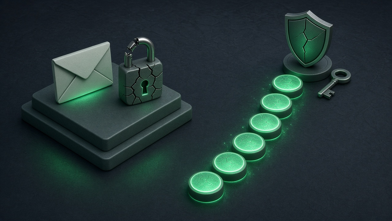 Isometric illustration of an envelope on a dark slate platform with a cracked shield, a key and an emerald glowing padlock being rebuilt beside it.