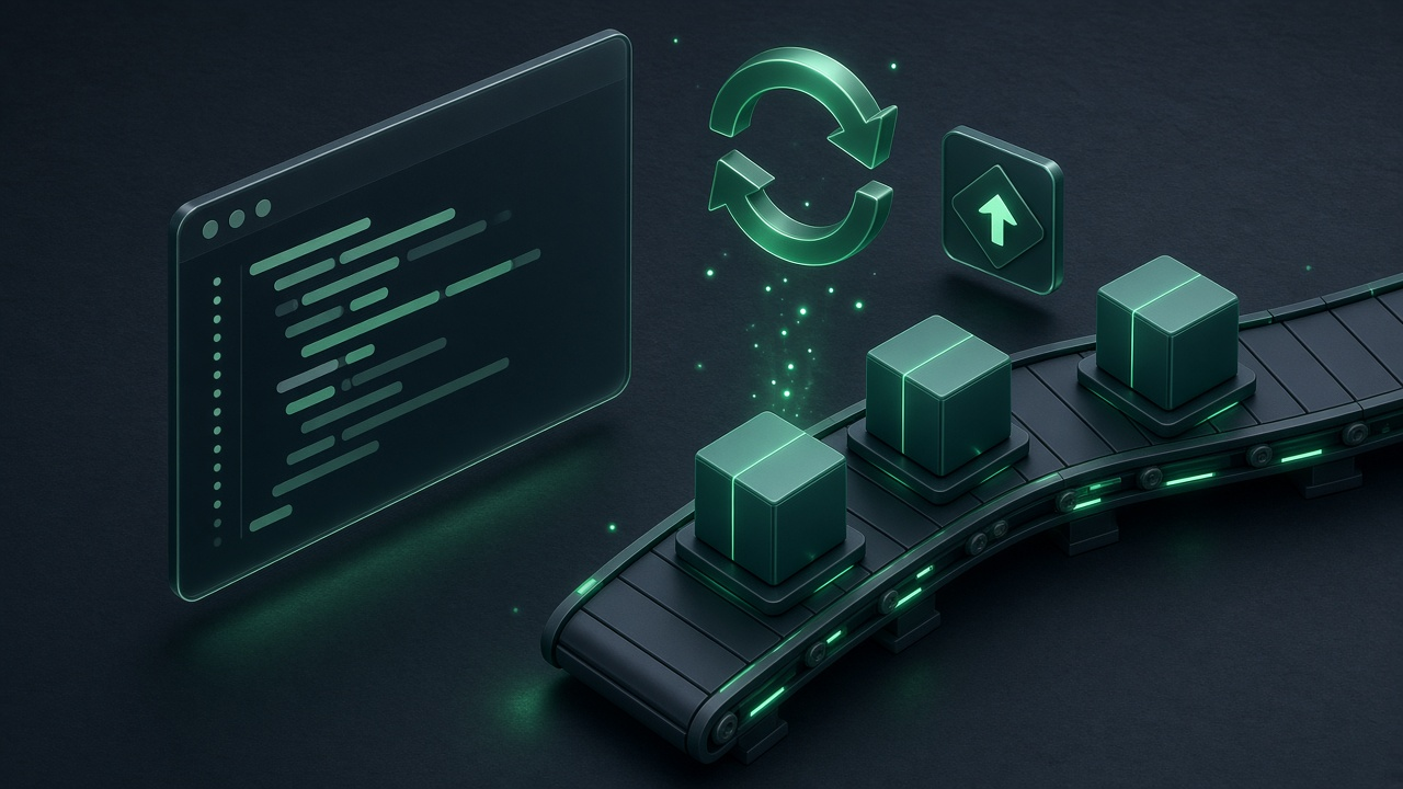 Isometric illustration of a glowing terminal window with an upward arrow and a refreshed package box on a dark slate background.