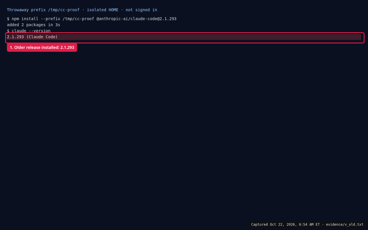 Terminal: claude --version prints 2.1.293 (Claude Code) for the old install