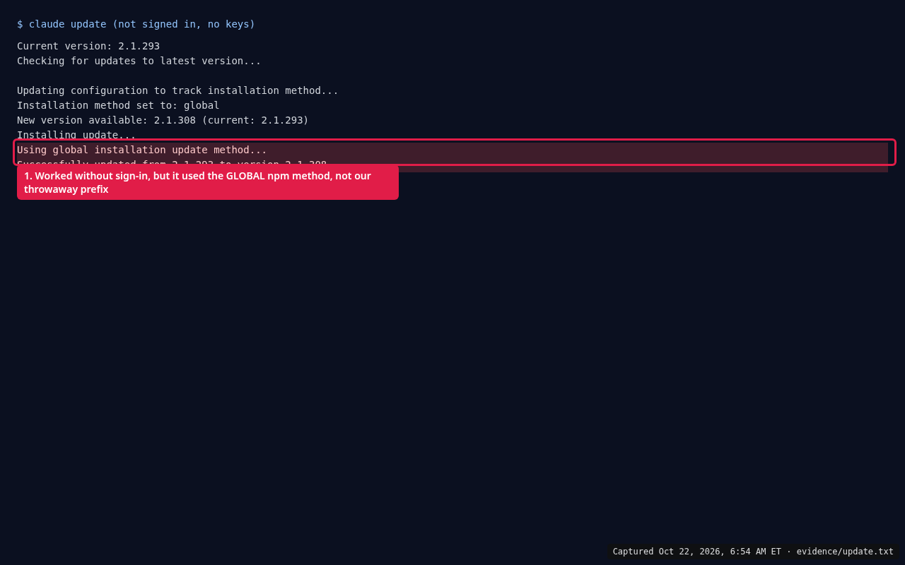 Terminal: claude update reports Successfully updated from 2.1.293 to version 2.1.308