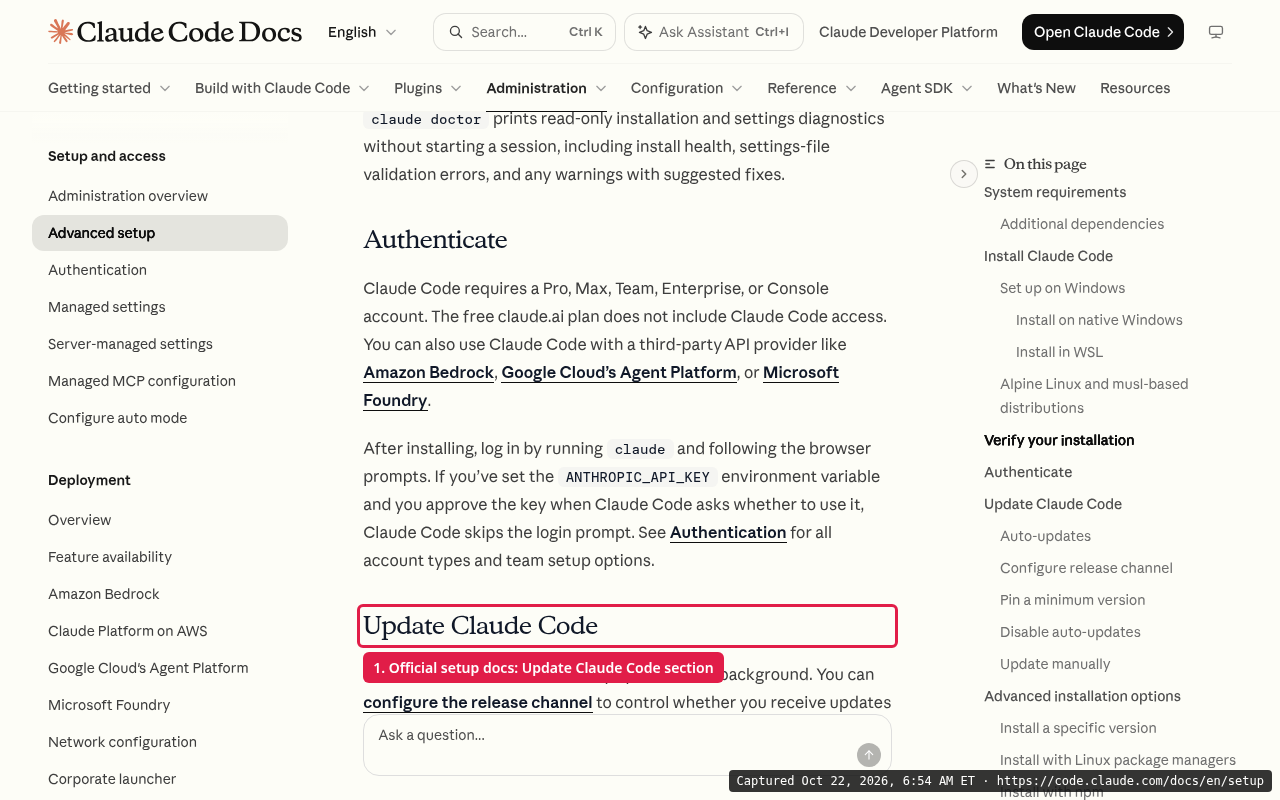 Claude Code setup docs, Update Claude Code section, explaining that native installations update automatically in the background
