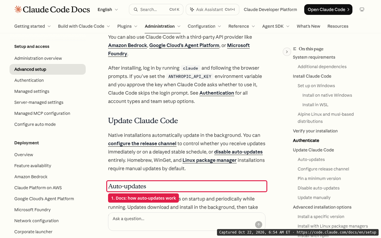 Claude Code setup docs, Auto-updates section, explaining that Claude Code checks for updates on startup and while running