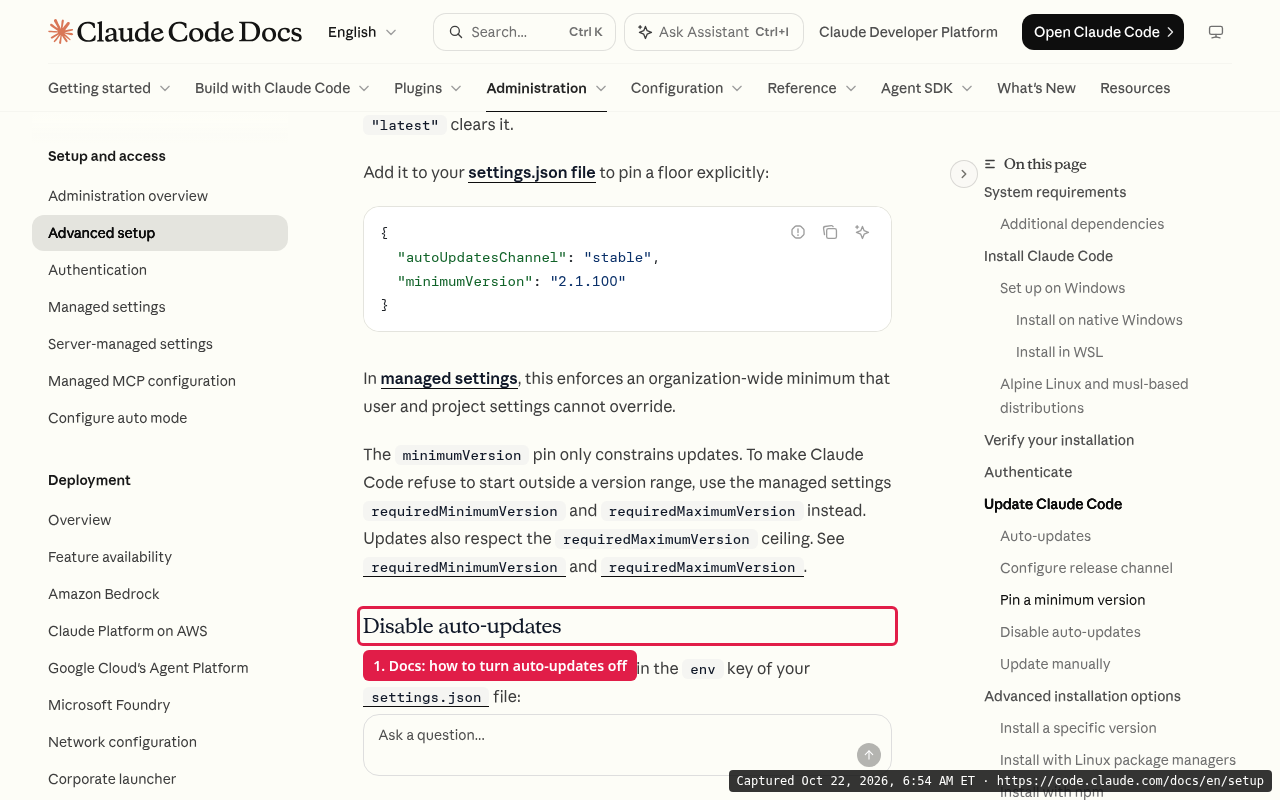 Claude Code setup docs, Disable auto-updates section, showing the DISABLE_AUTOUPDATER setting