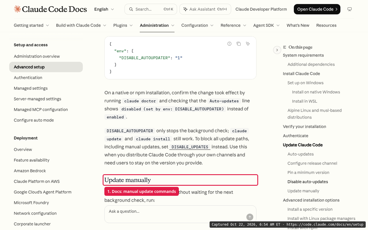 Claude Code setup docs, Update manually section, showing the claude update command