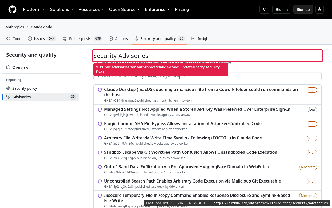 GitHub security advisories page for anthropics/claude-code listing published advisories with severity labels